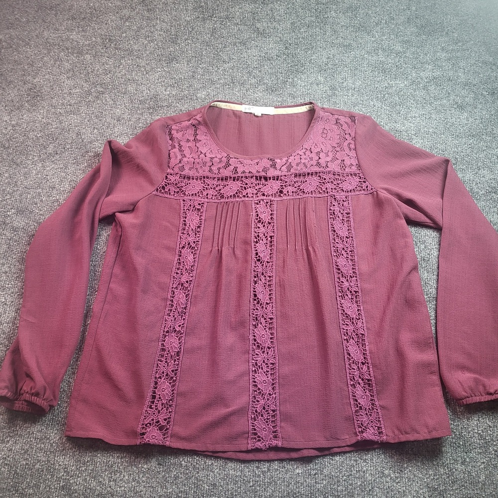 Jolt Womens Maroon Lace Trim Pintuck Long Sleeve Blouse Size Medium Burgundy Boh